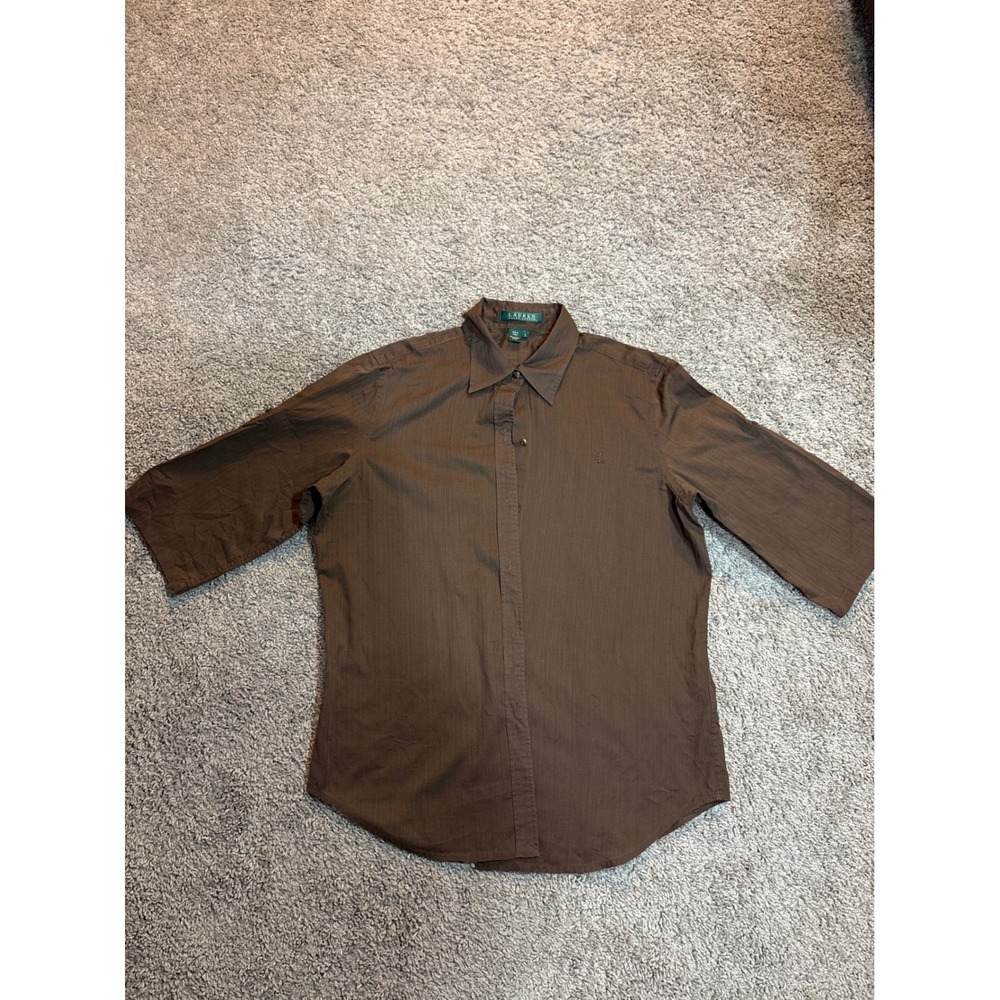 Y2K Lauren Ralph Lauren Brown Chevron Stripe Cotton Button Down Shirt Womens S
